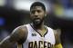 Indiana Pacers' Paul George in action during the second half of an NBA basketball game against the Atlanta Hawks, Wednesday, April 12, 2017, in Indianapolis. Indiana defeated Atlanta 104-86. (AP Photo/Darron Cummings)