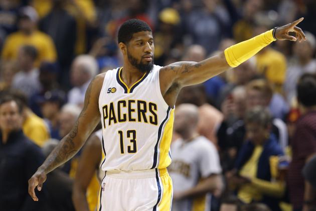 Apr 23, 2017; Indianapolis, IN, USA; Indiana Pacers forward Paul George (13) points during a game against the Cleveland Cavaliers in game four of the first round of the 2017 NBA Playoffs at Bankers Life Fieldhouse. Cleveland defeats Indiana 106-102. Mandatory Credit: Brian Spurlock-USA TODAY Sports
