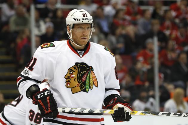 Chicago Blackhawks right wing Marian Hossa (81) plays against the Detroit Red Wings in the second period of an NHL hockey game Friday, March 10, 2017, in Detroit. (AP Photo/Paul Sancya)