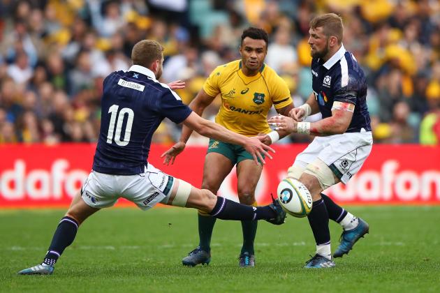 SYDNEY, AUSTRALIA - JUNE 17: Will Genia of the Wallabies kicks ahead during the International Test match between the Australian Wallabies and Scotland at Allianz Stadium on June 17, 2017 in Sydney, Australia.  (Photo by Cameron Spencer/Getty Images)