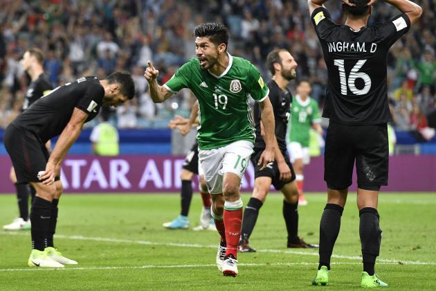 Mexico's Oribe Peralta celebrates after scoring his side's second goal during the Confederations Cup, Group A soccer match between Mexico and New Zealand, at the Fisht Stadium in Sochi, Russia, Wednesday, June 21, 2017. (AP Photo/Martin Meissner)