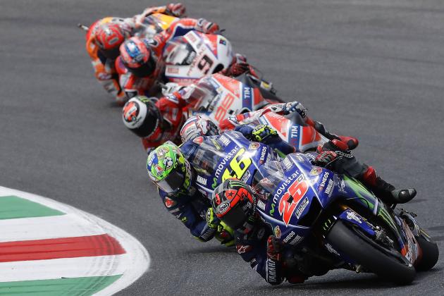 Spain's Maverick Vinales leads the pack of riders during the Italian Moto GP grand prix at the Mugello circuit, in Scarperia, Italy, Sunday, June 4, 2017. (AP Photo/Antonio Calanni)