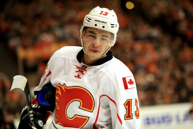 ANAHEIM, CA - APRIL 15:  Johnny Gaudreau #13 of the Calgary Flames looks on during the third period of Game Two of the Western Conference First Round against the Anaheim Ducks during the 2017 NHL Stanley Cup Playoffs at Honda Center on April 15, 2017 in Anaheim, California.  (Photo by Sean M. Haffey/Getty Images)