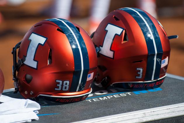 A pair of Illinois helmets sits on an equipment box during an NCAA college football game against Murray State, Saturday, Sept. 3, 2016 at Memorial Stadium in Champaign, Ill.  Illinois defeated Murray St. 52-3.  (AP Photo/Bradley Leeb)