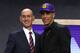 NEW YORK, NY - JUNE 22: Lonzo Ball walks on stage with NBA commissioner Adam Silver after being drafted second overall by the Los Angeles Lakers during the first round of the 2017 NBA Draft at Barclays Center on June 22, 2017 in New York City. NOTE TO USER: User expressly acknowledges and agrees that, by downloading and or using this photograph, User is consenting to the terms and conditions of the Getty Images License Agreement. (Photo by Mike Stobe/Getty Images)