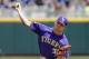 LSU pitcher Alex Lange delivers a pitch during the third inning of an NCAA College World Series baseball game against Oregon in Omaha, Neb., Friday, June 23, 2017. (AP Photo/Nati Harnik)