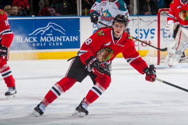 KELOWNA, CANADA - JANUARY 21: Cody Glass #8 of the Portland Winterhawks skates against the Kelowna Rockets on January 21, 2017 at Prospera Place in Kelowna, British Columbia, Canada. (Photo by Marissa Baecker/Getty Images)