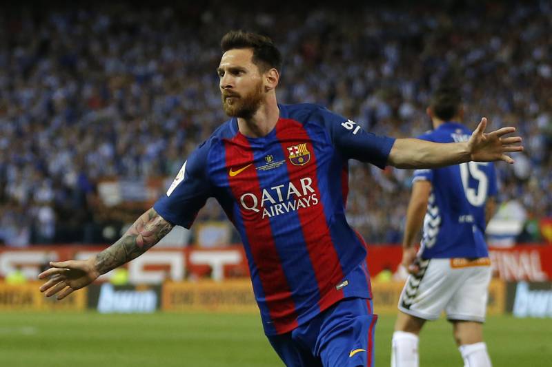 Barcelona's Lionel Messi celebrates after scoring a goal during the Copa del Rey final soccer match between Barcelona and Alaves at the Vicente Calderon stadium in Madrid, Spain, Saturday May 27, 2017. (AP Photo/Daniel Ochoa de Olza)