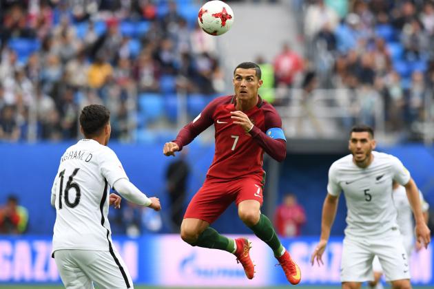 Portugal's forward Cristiano Ronaldo eyes the ball during the 2017 Confederations Cup group A football match between New Zealand and Portugal at the Saint Petersburg Stadium in Saint Petersburg on June 24, 2017. / AFP PHOTO / Kirill KUDRYAVTSEV        (Photo credit should read KIRILL KUDRYAVTSEV/AFP/Getty Images)