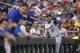 Florida's Nelson Maldonado (27) and the Florida dugout reacts after watching replay of a score by Christian Hicks in the seventh inning of an NCAA College World Series baseball elimination game against TCU in Omaha, Neb., Saturday, June 24, 2017. (AP Photo/Nati Harnik)