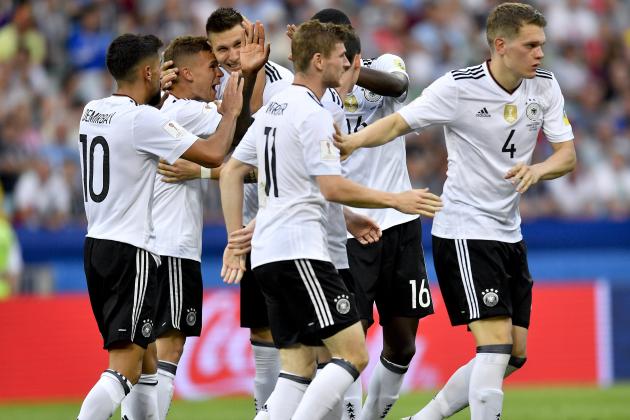 German players celebrate after Timo Werner scored during the Confederations Cup, Group B soccer match between Germany and Cameroon, at the Fisht Stadium in Sochi, Russia, Sunday, June 25, 2017. (AP Photo/Martin Meissner)