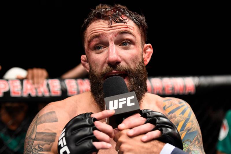 OKLAHOMA CITY, OK - JUNE 25: Michael Chiesa reacts after his submission loss to Kevin Lee in their lightweight bout during the UFC Fight Night event at the Chesapeake Energy Arena on June 25, 2017 in Oklahoma City, Oklahoma. (Photo by Brandon Magnus/Zuffa LLC/Zuffa LLC via Getty Images)