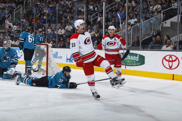 SAN JOSE, CA - DECEMBER 10: Derek Ryan #33 of the Carolina Hurricanes celebrates after scoring a goal against the San Jose Sharks at SAP Center on December 10, 2016 in San Jose, California. (Photo by Rocky W. Widner/NHL/Getty Images)