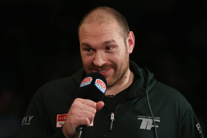 LONDON, ENGLAND - APRIL 30: Heaveyweight Champion Tyson Fury is interviewed ahead of the vacant WBO Intercontinental Heavyweight Championship contest between Hughie Fury and Fred Kassi at Copper Box Arena on April 30, 2016 in London, England. (Photo by Alex Morton/Getty Images)