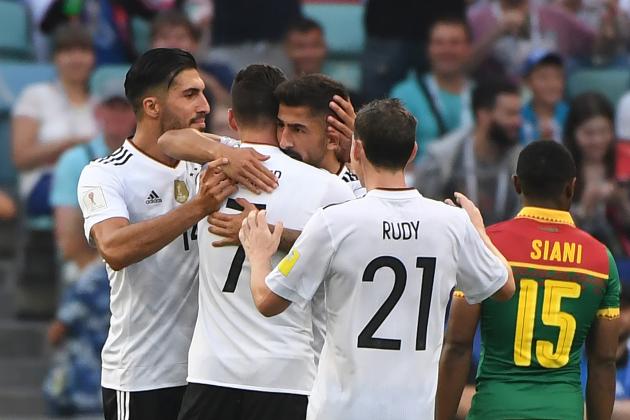 Germany's players celebrate a goal during the 2017 FIFA Confederations Cup group B football match between Germany and Cameroon at the Fisht Stadium Stadium in Sochi on June 25, 2017. / AFP PHOTO / Patrik STOLLARZ (Photo credit should read PATRIK STOLLARZ/AFP/Getty Images)