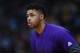 Los Angeles Lakers guard D'Angelo Russell (1) in the first half of an NBA basketball game Monday, March 13, 2017, in Denver. (AP Photo/David Zalubowski)