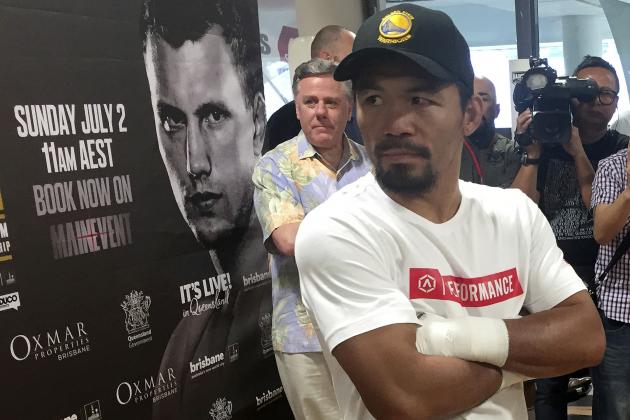 Manny Pacquiao speaks to the media in Brisbane, Tuesday, June 27, 2017. Pacquiao, is putting his WBO belt on the line Sunday, July 2, against the 29-year-old Australian fighter Jeff Horn. (AP Photo/John Pye)
