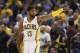 Apr 23, 2017; Indianapolis, IN, USA; Indiana Pacers forward Paul George (13) points during a game against the Cleveland Cavaliers in game four of the first round of the 2017 NBA Playoffs at Bankers Life Fieldhouse. Cleveland defeats Indiana 106-102. Mandatory Credit: Brian Spurlock-USA TODAY Sports