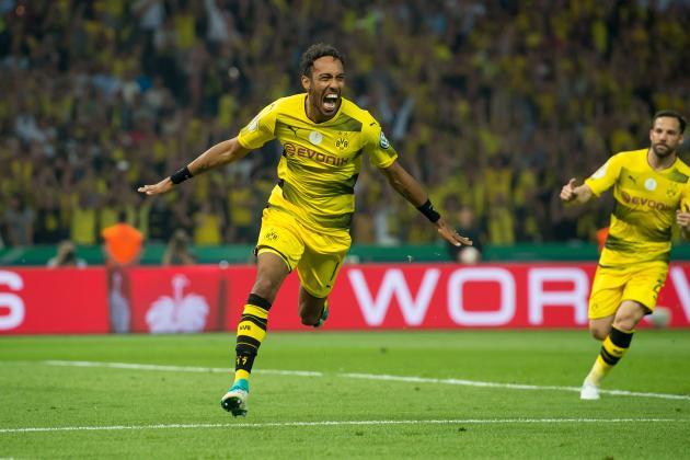 BERLIN, GERMANY - MAY 27: Pierre-Emerick Aubameyang of Dortmund celebrates after scoring his team`s second goal during the DFB Cup final match between Eintracht Frankfurt and Borussia Dortmund at Olympiastadion on May 27, 2017 in Berlin, Germany. (Photo by TF-Images/Getty Images)