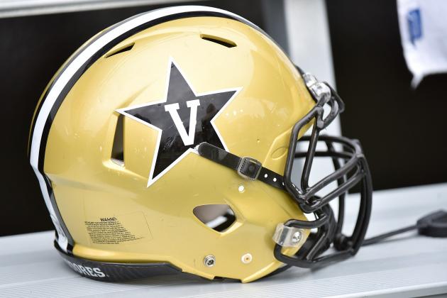 NASHVILLE, TN - OCTOBER 24:  A helmet of the Vanderbilt Commodores rests on  the sideline during a game against the Missouri Tigers at Vanderbilt Stadium on October 24, 2015 in Nashville, Tennessee.  (Photo by Frederick Breedon/Getty Images)