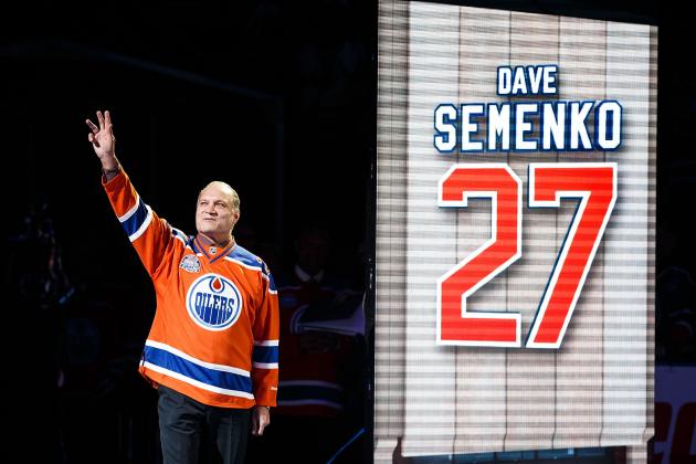 EDMONTON, AB - APRIL 6:  Former Oiler Dave Semenko is introduced during the closing ceremonies at Rexall Place following the game between the Edmonton Oilers and the Vancouver Canucks on April 6, 2016 at Rexall Place in Edmonton, Alberta, Canada. The game was the final game the Oilers played at Rexall Place before moving to Rogers Place next season. (Photo by Codie McLachlan/Getty Images)
