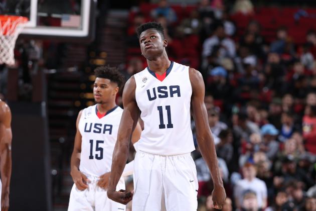 PORTLAND, OR - APRIL 7: Mohammed Bamba #11 of the USA Junior Select Team looks on against the World Select Team during the game on April 7, 2017 at the MODA Center Arena in Portland, Oregon. NOTE TO USER: User expressly acknowledges and agrees that, by downloading and or using this photograph, User is consenting to the terms and conditions of License Agreement. Mandatory Copyright Notice: Copyright 2017 NBAE (Photo by Sam Forencich)