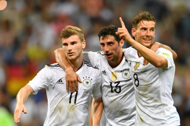 Germany's forward Timo Werner (L celebrate with Germany's midfielder Lars Stindl and Germany's midfielder Leon Goretzka after scoring during the 2017 Confederations Cup semi-final football match between Germany and Mexico at the Fisht Stadium in Sochi on June 29, 2017. / AFP PHOTO / Yuri CORTEZ (Photo credit should read YURI CORTEZ/AFP/Getty Images)