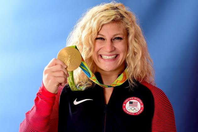 RIO DE JANEIRO, BRAZIL - AUGUST 12: (BROADCAST - OUT) Judoka Kayla Harrison of the United States poses for a photo with her gold medal on the Today show set on Copacabana Beach on August 12, 2016 in Rio de Janeiro, Brazil. (Photo by Harry How/Getty Images)