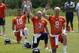 Chicago Bears quarterback Mitchell Trubisky (10), quarterback Connor Shaw (9), and quarterback Mike Glennon (8) stretch during the NFL football team's minicamp at Halas Hall, Wednesday, June 14, 2017, in Lake Forest, Ill. (AP Photo/Nam Y. Huh)