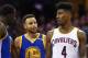 CLEVELAND, OH - JUNE 07: Stephen Curry #30 of the Golden State Warriors and Iman Shumpert #4 of the Cleveland Cavaliers speak in the second quarter in Game 3 of the 2017 NBA Finals at Quicken Loans Arena on June 7, 2017 in Cleveland, Ohio. NOTE TO USER: User expressly acknowledges and agrees that, by downloading and or using this photograph, User is consenting to the terms and conditions of the Getty Images License Agreement. (Photo by Ronald Martinez/Getty Images)