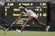 Venus Williams of the United States returns to Belgium's Elise Mertens during their Women's Singles Match on day one at the Wimbledon Tennis Championships in London Monday, July 3, 2017. (AP Photo/Tim Ireland)