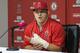 Los Angeles Angels' Mike Trout speaks about his injured thumb during a news conference prior to the team's baseball game against the Detroit Tigers, Saturday, June 3, 2017, in Anaheim, Calif. (AP Photo/Mark J. Terrill)