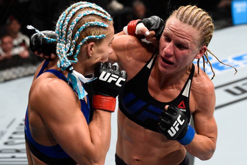 OKLAHOMA CITY, OK - JUNE 25: (L-R) Felice Herrig punches Justine Kish in their women's strawweight bout during the UFC Fight Night event at the Chesapeake Energy Arena on June 25, 2017 in Oklahoma City, Oklahoma. (Photo by Brandon Magnus/Zuffa LLC/Zuffa LLC via Getty Images)