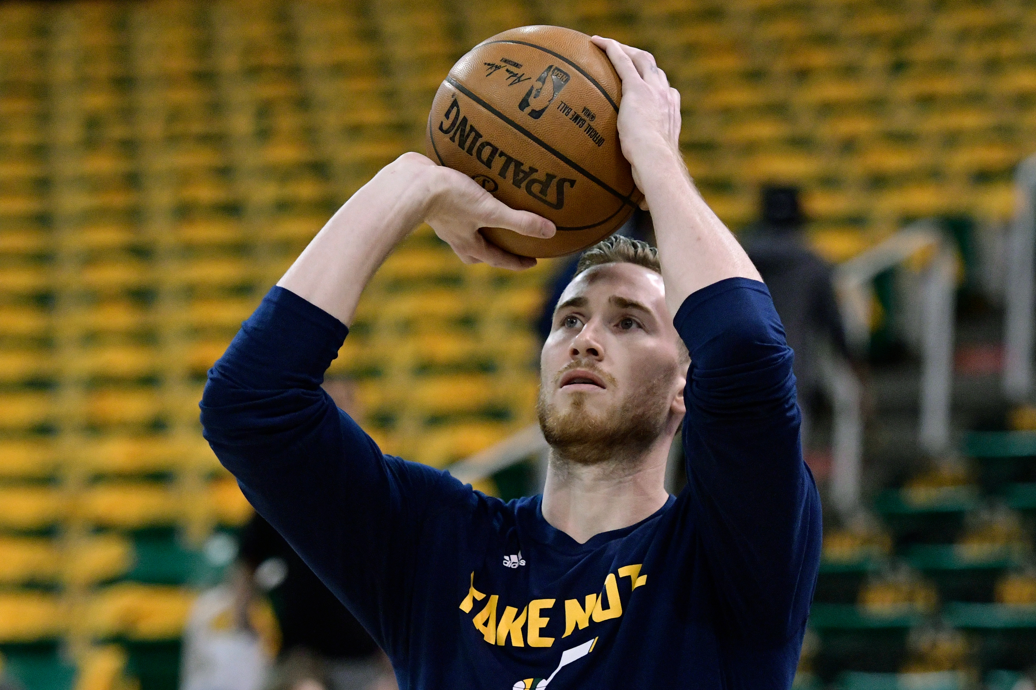 SALT LAKE CITY, UT - MAY 8: Gordon Hayward #20 of the Utah Jazz practices prior to their game against the Golden State Warriors in Game Four of the Western Conference Semifinals during the 2017 NBA Playoffs at Vivint Smart Home Arena on May 8, 2017 in Salt Lake City, Utah. NOTE TO USER: User expressly acknowledges and agrees that, by downloading and or using this photograph, User is consenting to the terms and conditions of the Getty Images License Agreement. (Photo by Gene Sweeney Jr/Getty Images)