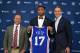 Jun 23, 2017; Camden, NJ, USA; Philadelphia 76ers number 1 overall draft pick Markelle Fultz (center) poses with owner Joshua Harris (left) and general manager Bryan Colangelo (right) during an introductory press conference at Philadelphia 76ers Training Complex. Mandatory Credit: James Lang-USA TODAY Sports