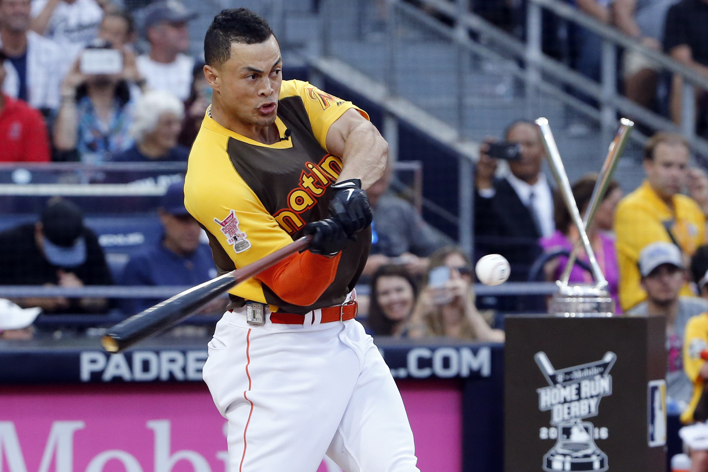 Miami Marlins Giancarlo Stanton reacts after losing to New York Yankees  Gary Sanchez New York Yankees in the first round of the 2017 MLB home run  derby at Marlins Park in Miami