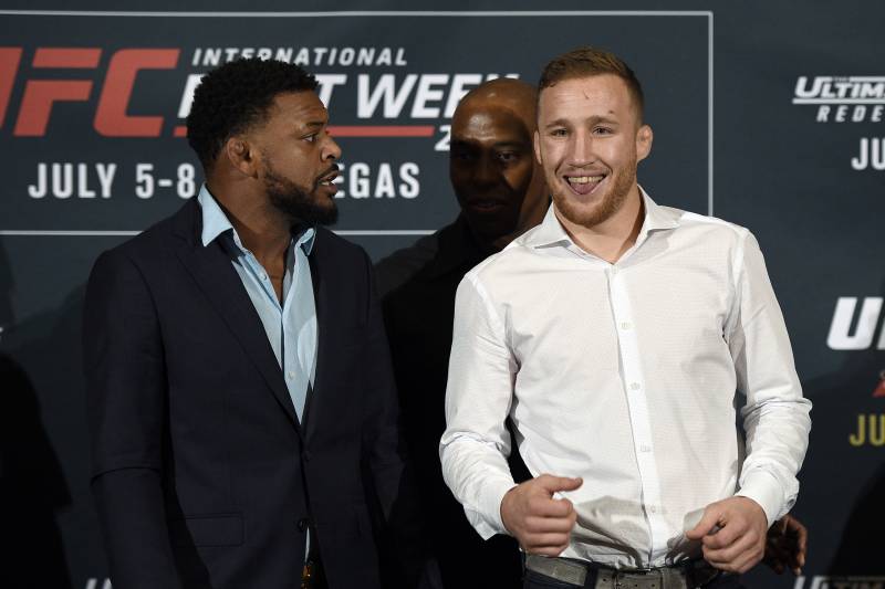 LOS ANGELES, CA - JUNE 29: Michael Johnson (L) and Justin Gaethje face off during the UFC International Fight Week Media Day June 29, 2017, in Los Angeles, California. (Photo by Kevork Djansezian/Zuffa LLC via Getty Images)
