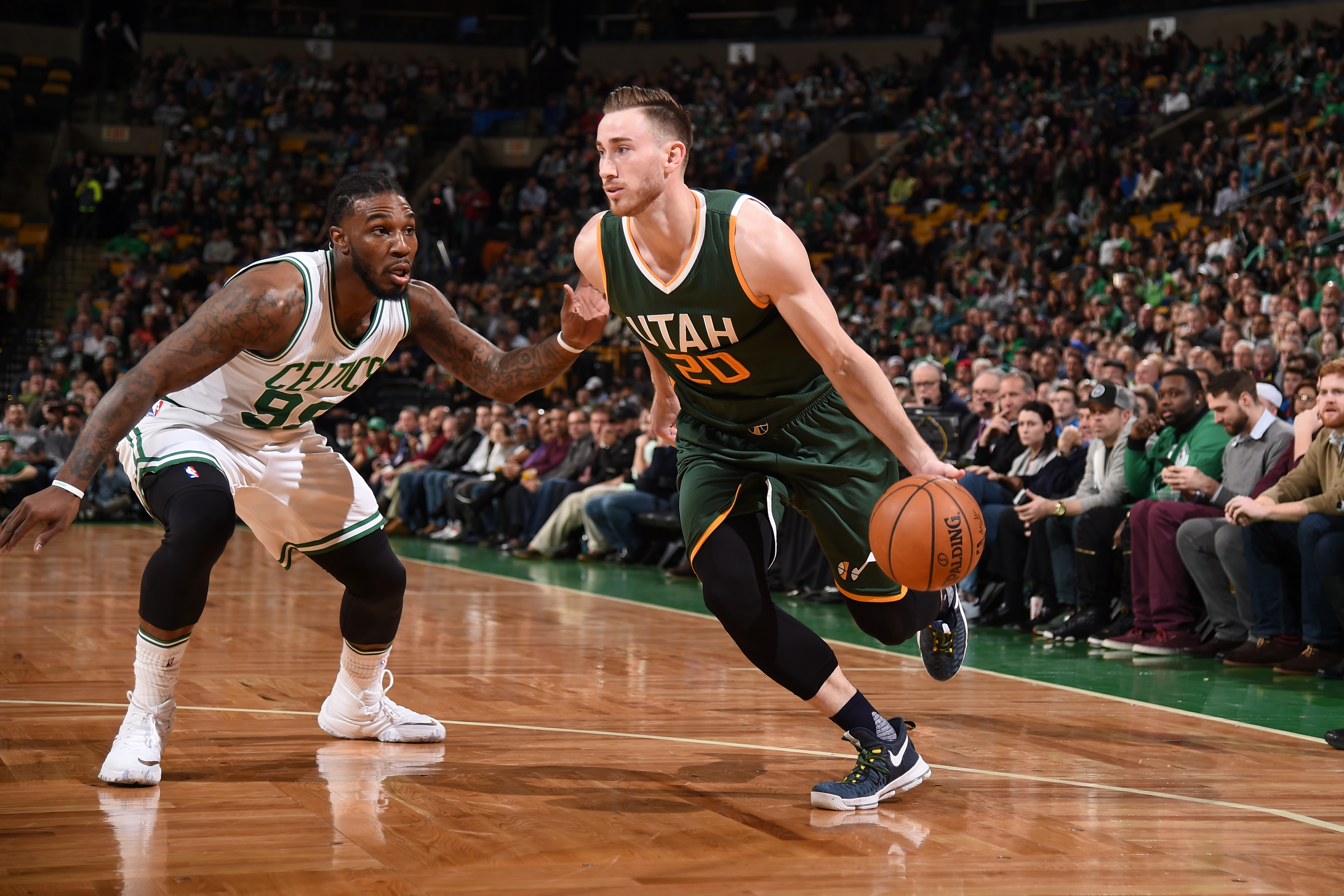 BOSTON, MA - JANUARY 3: Gordon Hayward #20 of the Utah Jazz drives to the basket against Jae Crowder #99 of the Boston Celtics during the game on January 3, 2017 at the TD Garden in Boston, Massachusetts. NOTE TO USER: User expressly acknowledges and agrees that, by downloading and or using this photograph, User is consenting to the terms and conditions of the Getty Images License Agreement. Mandatory Copyright Notice: Copyright 2017 NBAE (Photo by Brian Babineau/NBAE via Getty Images)