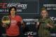 LOS ANGELES, CA - JUNE 29: Amanda Nunes (L), UFC bantamweight champion, poses with her belt as she faces face off with challenger Valentina Shevchenko during the UFC International Fight Week Media Day June 29, 2017, in Los Angeles, California. (Photo by Kevork Djansezian/Zuffa LLC via Getty Images)