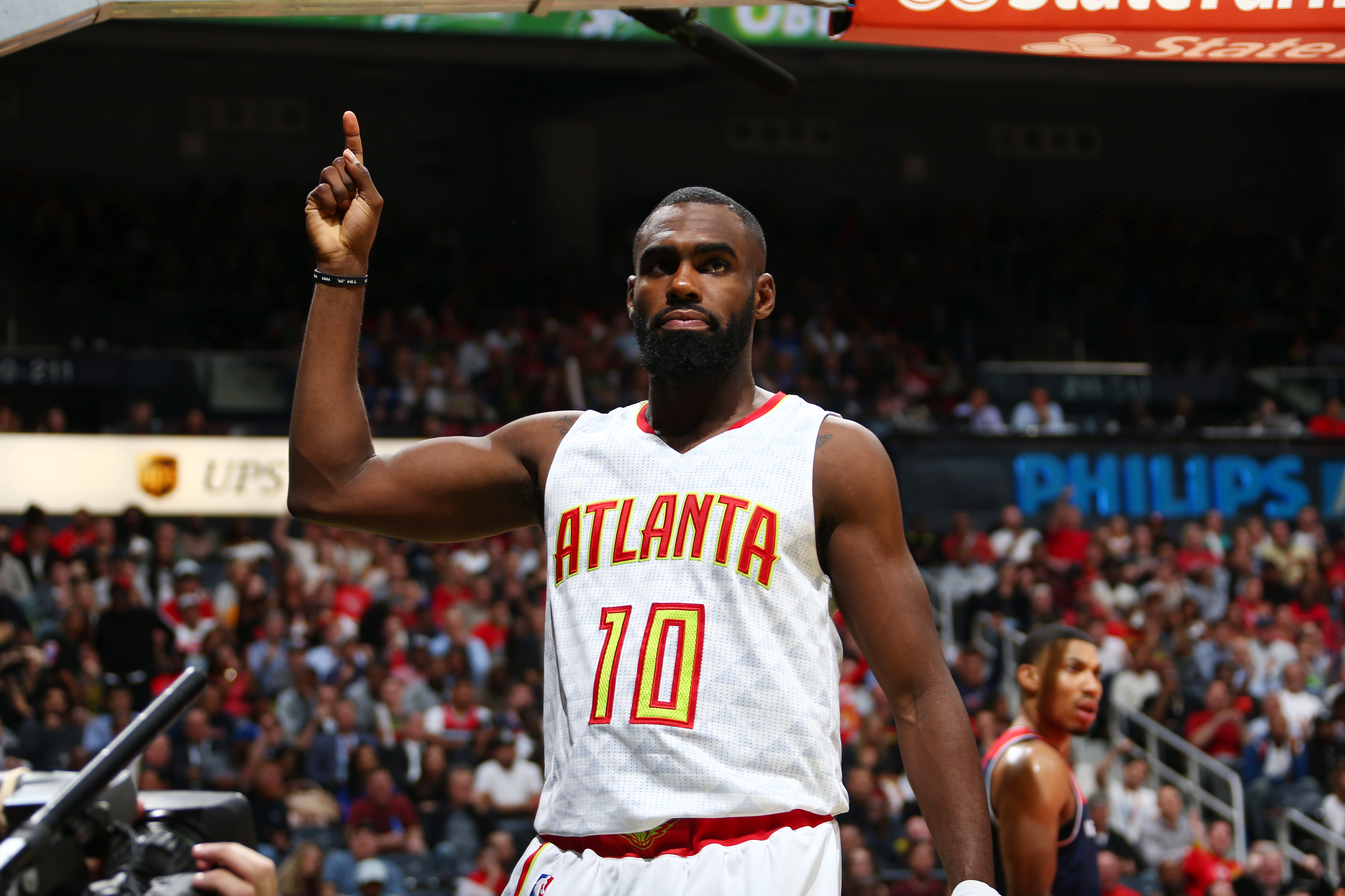 ATLANTA, GA - APRIL 24: Tim Hardaway Jr. #10 of the Atlanta Hawks celebrates during Game Four of the Eastern Conference Quarterfinals of the 2017 NBA Playoffs on April 24, 2017 at Philips Arena in Atlanta, Georgia. NOTE TO USER: User expressly acknowledges and agrees that, by downloading and/or using this photograph, user is consenting to the terms and conditions of the Getty Images License Agreement. Mandatory Copyright Notice: Copyright 2017 NBAE (Photo by Kevin Liles/NBAE via Getty Images)