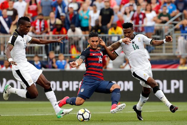 EAST HARTFORD, CT - JULY 01: Dom Dwyer #14 of the United States battles defenders John Boye #21 and Jerry Akaminko  #14 of Ghana John Boye #21 in the first half during an international friendly between USA and Ghana at Pratt & Whitney Stadium on July 1, 2017 in East Hartford, Connecticut. (Photo by Jim Rogash/Getty Images)