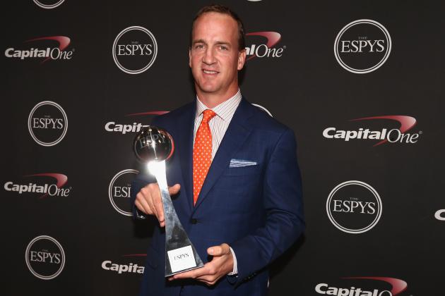 LOS ANGELES, CA - JULY 16:  NFL player Peyton Manning of the Denver Broncos, winner of the Best Record-Breaking Performance award, attends The 2014 ESPYS at Nokia Theatre L.A. Live on July 16, 2014 in Los Angeles, California.  (Photo by Christopher Polk/Getty Images For ESPYS)