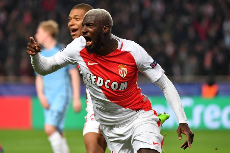 Monaco's French midfielder Tiemoue Bakayoko celebrates after scoring a goal during the UEFA Champions League round of 16 football match between Monaco and Manchester City at the Stade Louis II in Monaco on March 15, 2017. / AFP PHOTO / Pascal GUYOT (Photo credit should read PASCAL GUYOT/AFP/Getty Images)