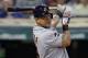 Detroit Tigers' Miguel Cabrera watches his RBI single off Cleveland Indians starting pitcher Carlos Carrasco during the sixth inning of a baseball game, Friday, July 7, 2017, in Cleveland. (AP Photo/Tony Dejak)