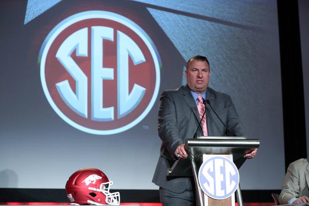 Jul 10, 2017; Hoover, AL, USA; Arkansas head coach Bret Bielema speaks to the media during SEC media days at Hyatt Regency Birmingham-The Winfrey Hotel. Mandatory Credit: Jason Getz-USA TODAY Sports