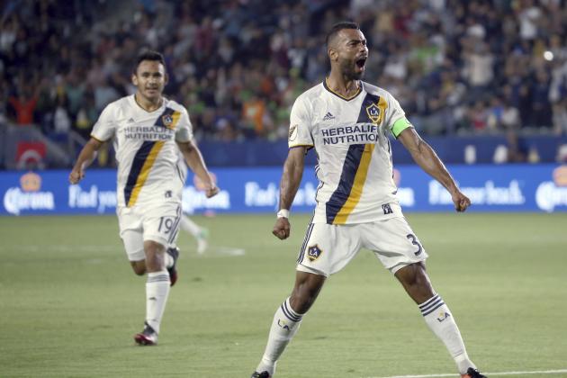 LA Galaxy defender Ashley Cole (3) celebrates his goal against Real Salt Lake in the first half of an MLS soccer match in Carson, Calif., Tuesday, July 4, 2017. (AP Photo/Reed Saxon)
