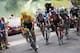 Britain's Chris Froome, wearing the overall leader's yellow jersey, France's Romain Bardet, Colombia's Nairo Quintana, Australia's Richie Porte, and Italy's Fabio Aru, from left to right, climb during the ninth stage of the Tour de France cycling race over 181.5 kilometers (112.8 miles) with start in Nantua and finish in Chambery, France, Sunday, July 9, 2017. (AP Photo/Christophe Ena)