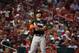 Miami Marlins' Giancarlo Stanton bats during the fourth inning of a baseball game against the St. Louis Cardinals Wednesday, July 5, 2017, in St. Louis. (AP Photo/Jeff Roberson)
