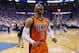 Oklahoma City Thunder guard Russell Westbrook (0) roars to the crowd before Game 4 of a first-round NBA basketball playoff series against the Houston Rockets in Oklahoma City, Sunday, April 23, 2017. (AP Photo/Sue Ogrocki)