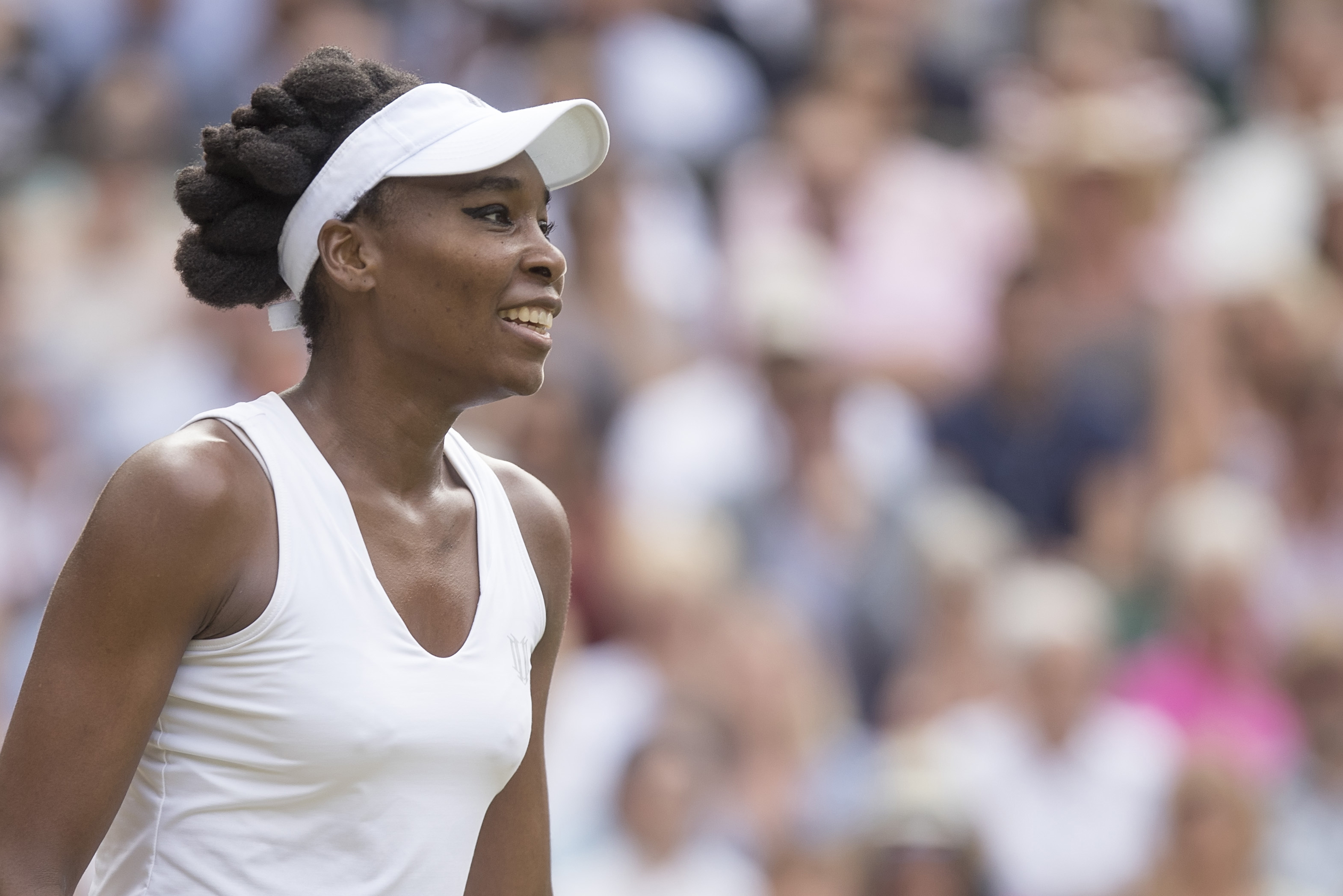 Jul 13, 2017; London, United Kingdom; Venus Williams (USA) reacts during her match against Johanna Konta (GBR) on day ten at the All England Lawn Tennis and Croquet Club. Mandatory Credit: Susan Mullane-USA TODAY Sports